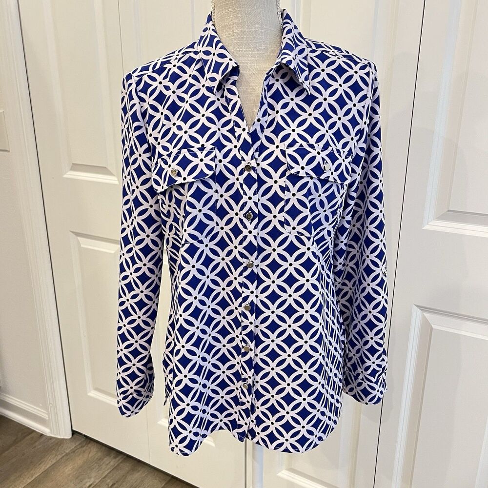 Notations Women's Royal Blue White Button Front Shirt Blouse Size M Silky